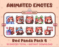 Red Panda animated Twitch emote pack featuring 10 emotes including cozy, sus, panic, and shrug.