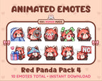 Red Panda animated Twitch emote pack featuring 10 emotes including cozy, sus, panic, and shrug.