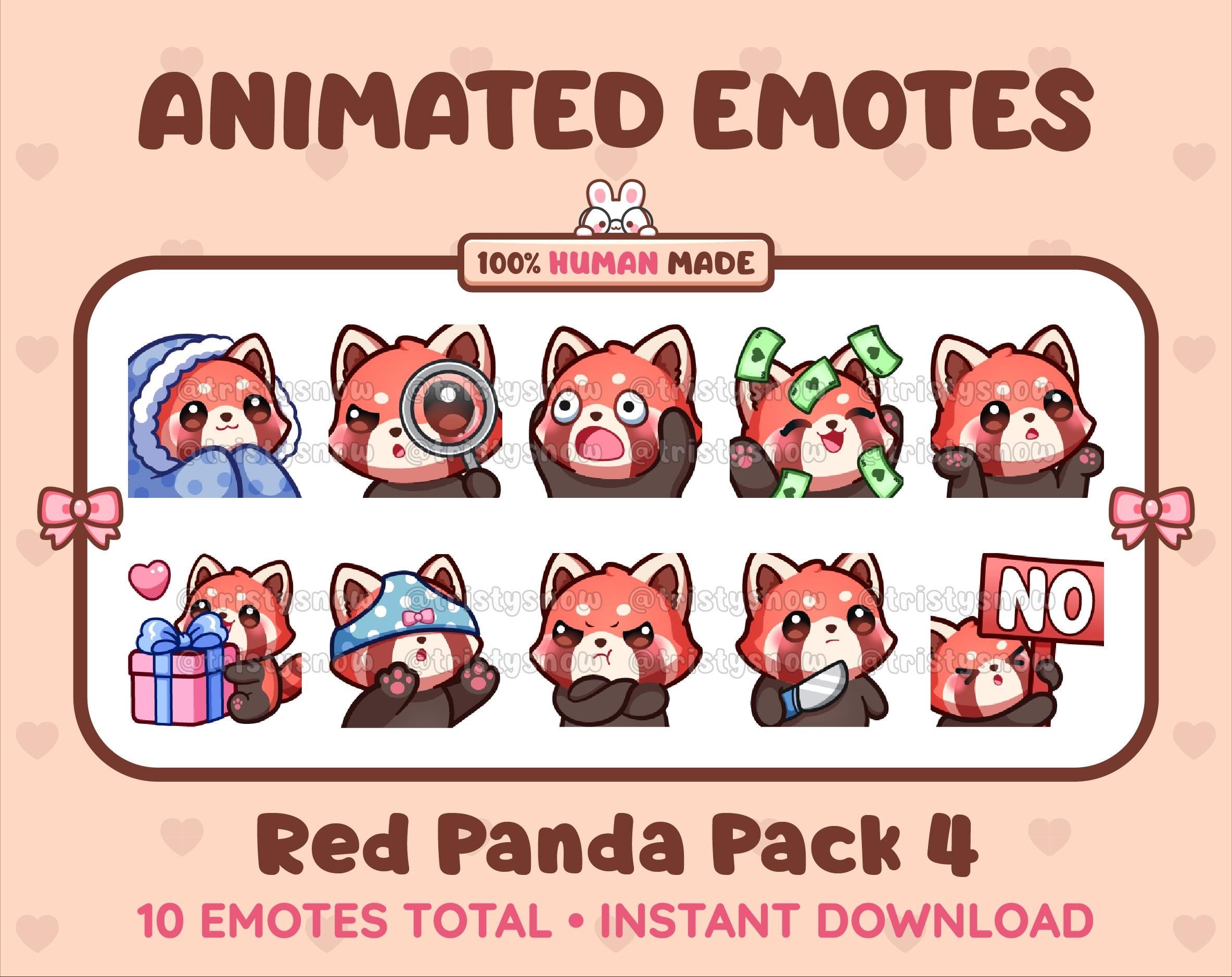 Red Panda animated Twitch emote pack featuring 10 emotes including cozy, sus, panic, and shrug.