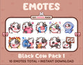 Black Cow Twitch emote pack featuring 10 emotes including GG, angry, cry, and hype.