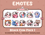 Black Cow Twitch emote pack featuring 10 emotes including GG, angry, cry, and hype.