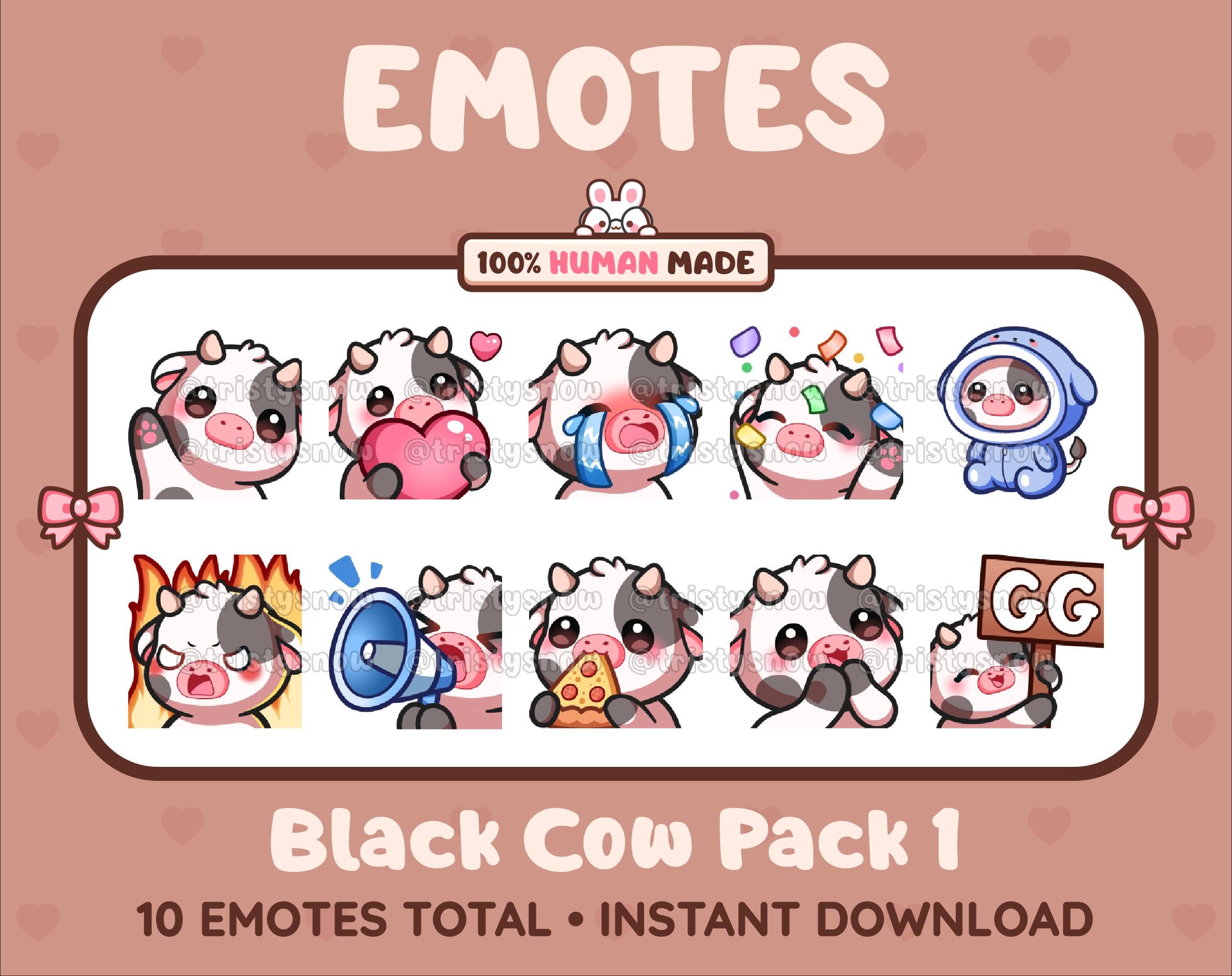 Black Cow Twitch emote pack featuring 10 emotes including GG, angry, cry, and hype.