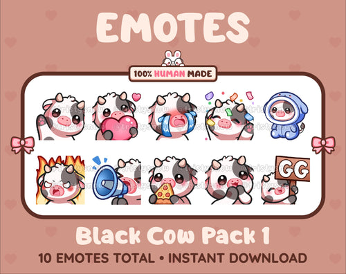 Black Cow Twitch emote pack featuring 10 emotes including GG, angry, cry, and hype.