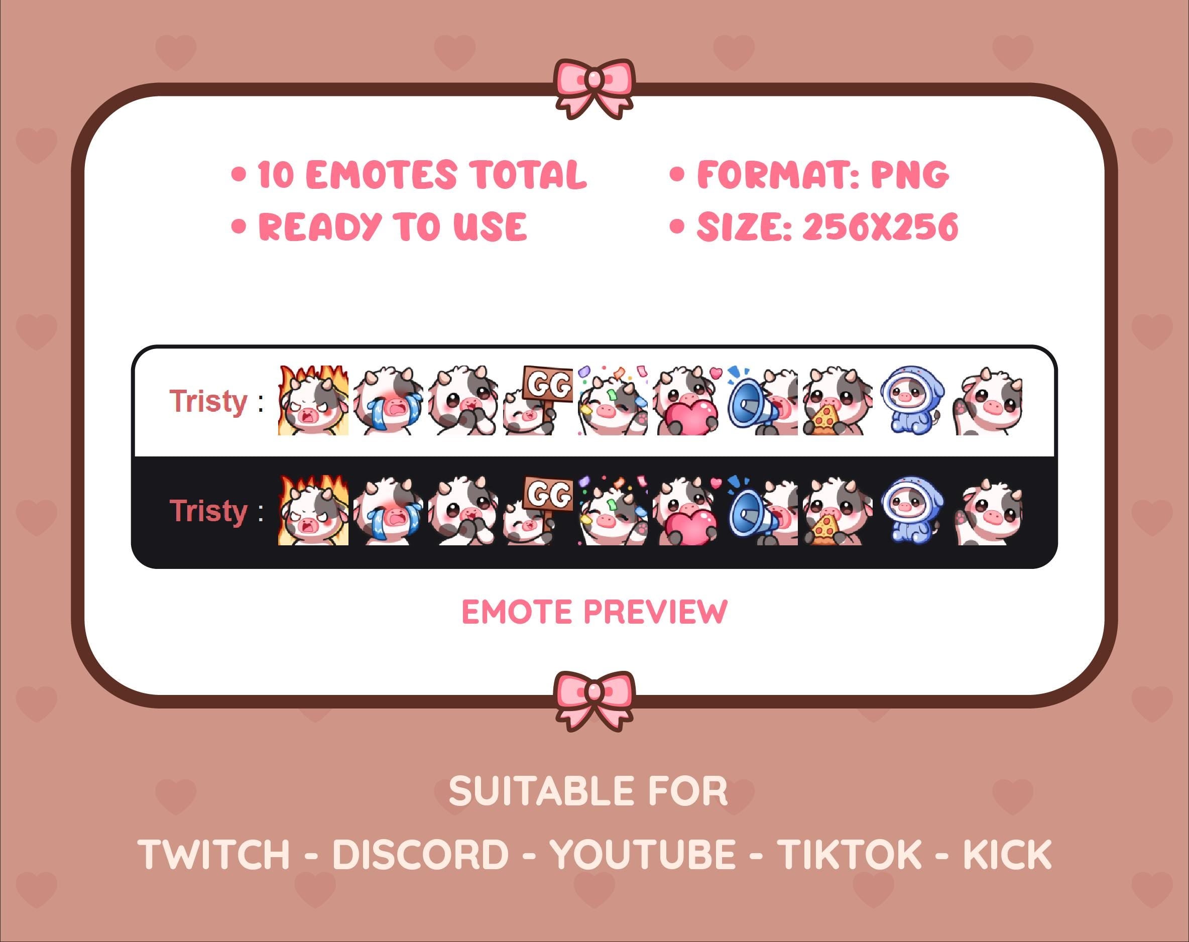 Black Cow Twitch emote pack preview displaying all 10 emotes with format and size information.