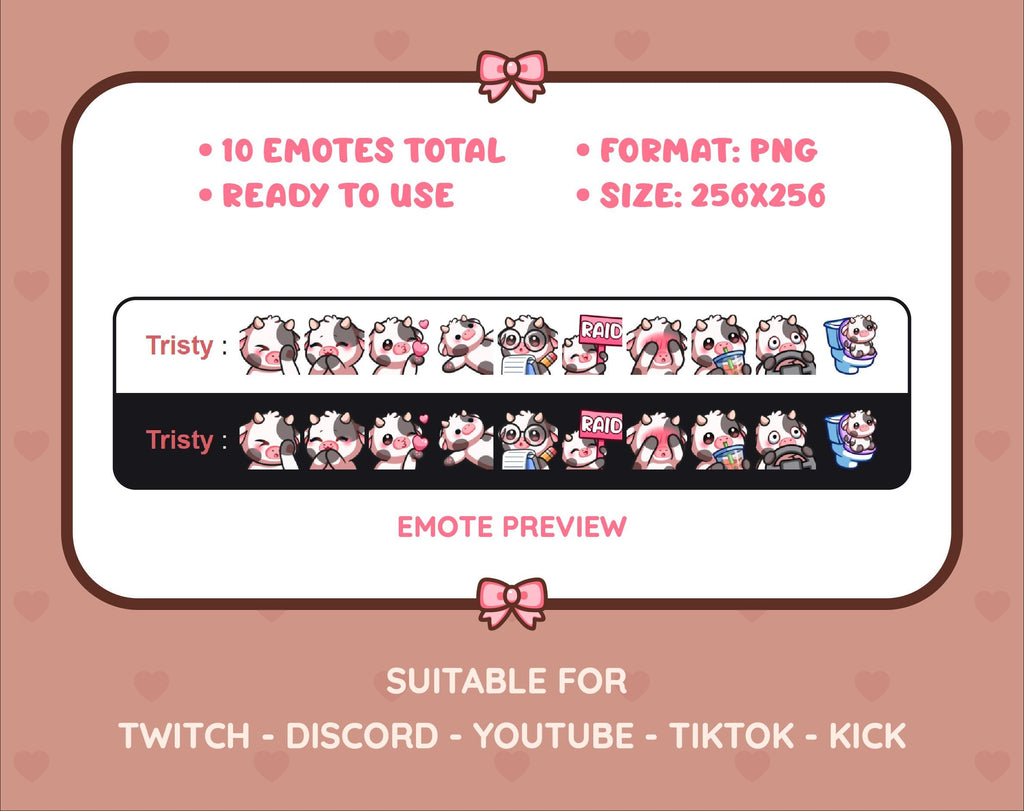 Black Cow Twitch emote pack preview displaying all 10 emotes with format and size information.