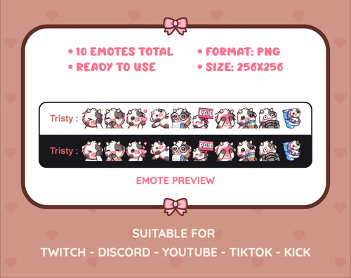 Black Cow Twitch emote pack preview displaying all 10 emotes with format and size information.