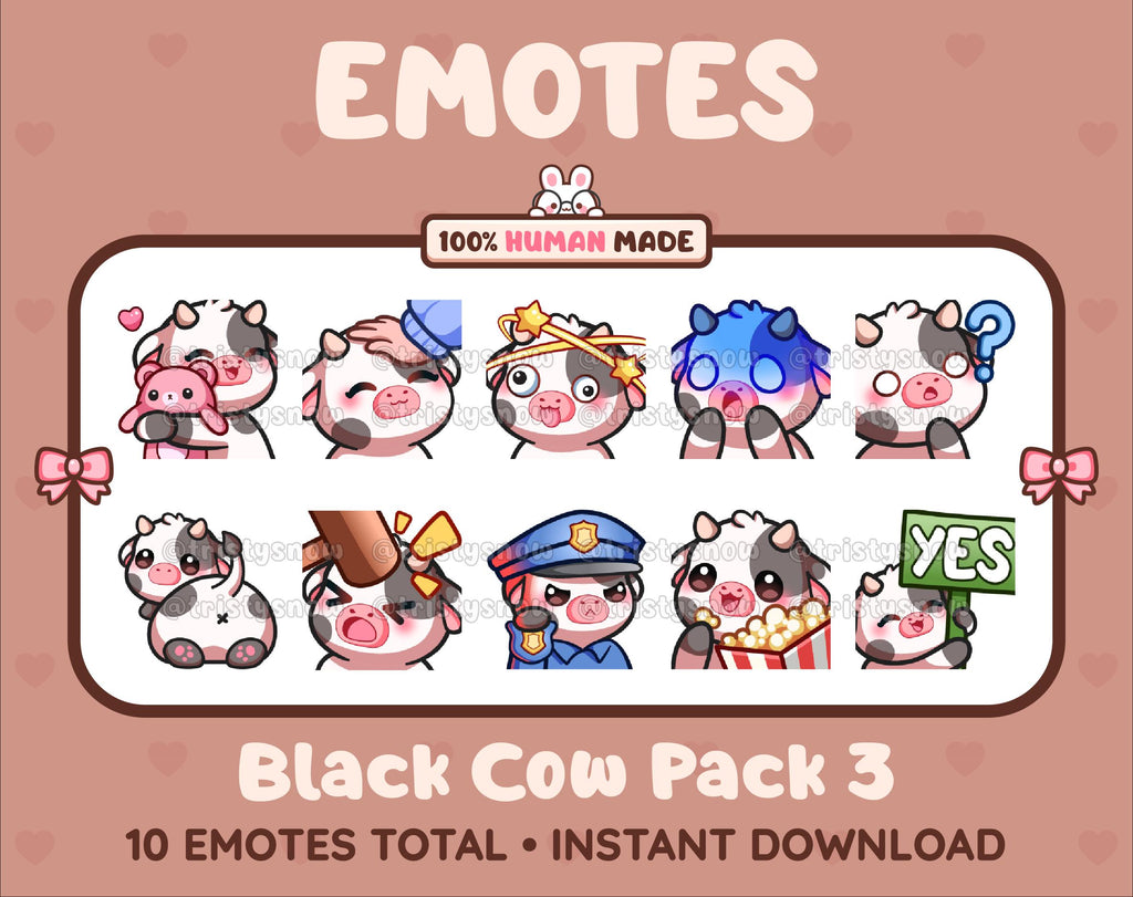 Black Cow Twitch emote pack featuring 10 emotes including hug, scared, bonk, and popcorn.