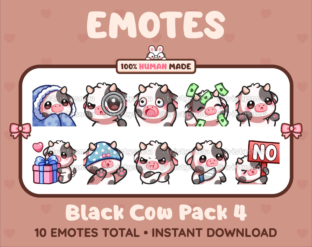 Black Cow Twitch emote pack featuring 10 emotes including cozy, sus, panic, and shrug.