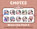 Black Cow Twitch emote pack featuring 10 emotes including cozy, sus, panic, and shrug.