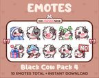Black Cow Twitch emote pack featuring 10 emotes including cozy, sus, panic, and shrug.