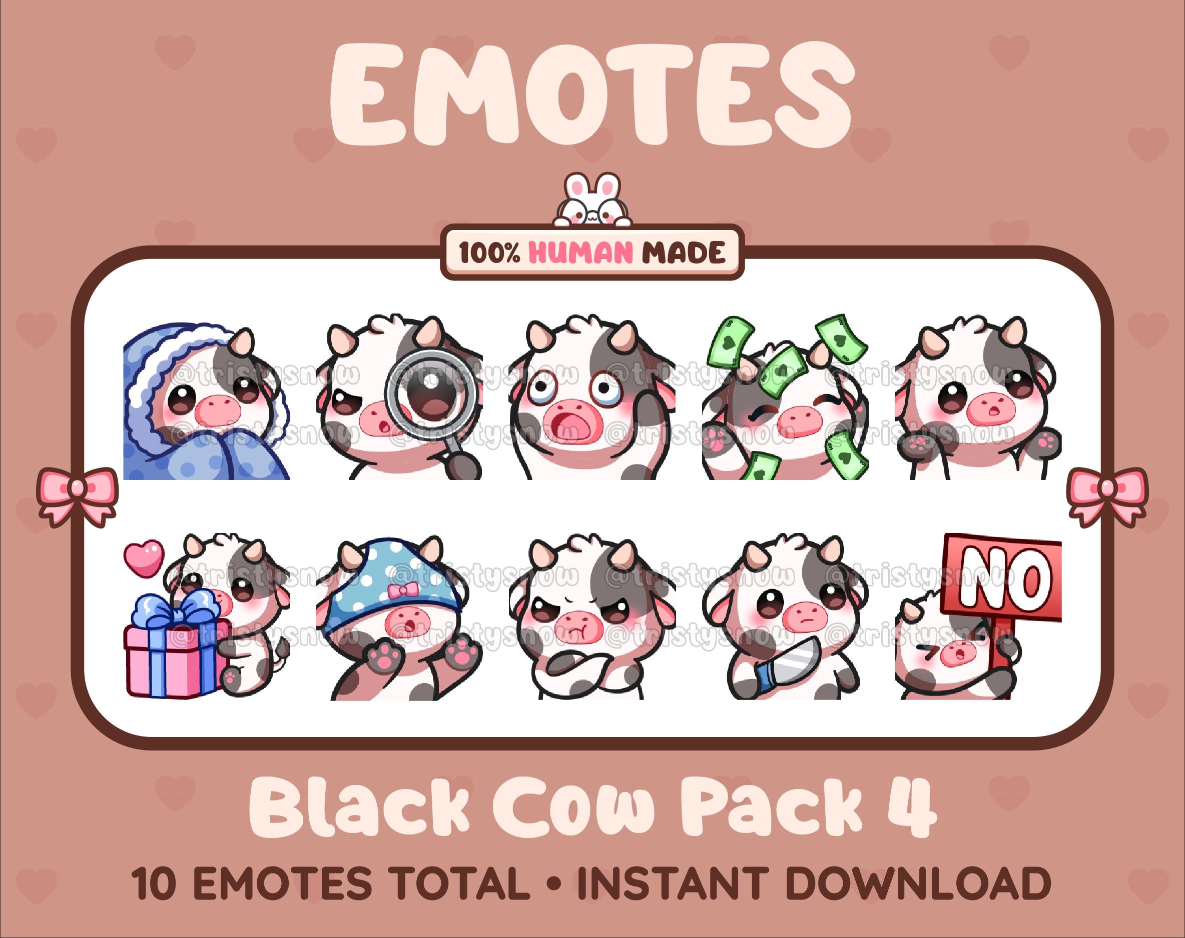 Black Cow Twitch emote pack featuring 10 emotes including cozy, sus, panic, and shrug.