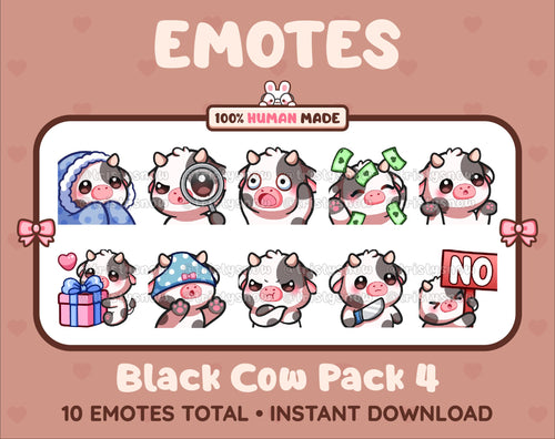 Black Cow Twitch emote pack featuring 10 emotes including cozy, sus, panic, and shrug.