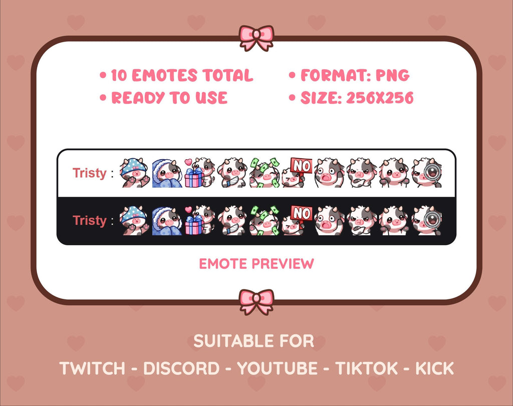 Black Cow Twitch emote pack preview displaying all 10 emotes with format and size information.