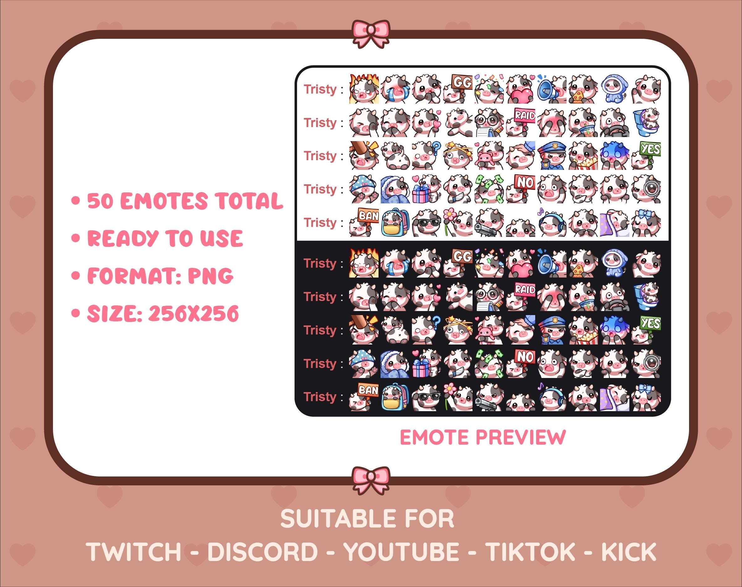 Black Cow Twitch emote mega pack preview displaying all 50 emotes with format and size information.