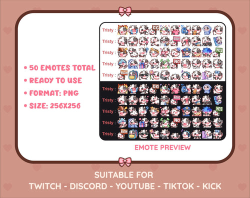 Black Cow Twitch emote mega pack preview displaying all 50 emotes with format and size information.
