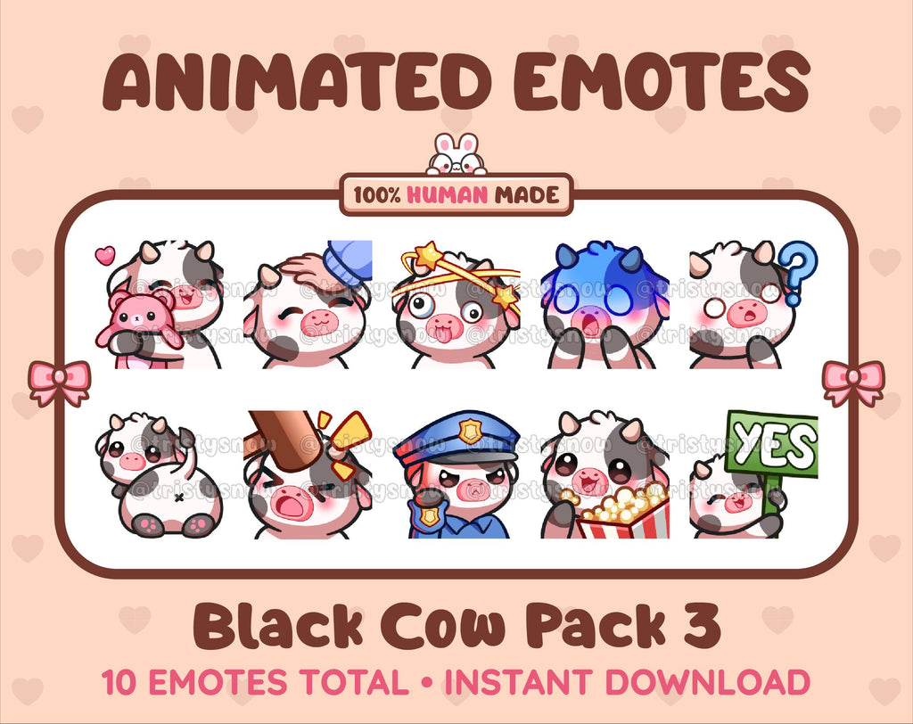 Black Cow animated Twitch emote pack featuring 10 emotes including hug, scared, bonk, and popcorn.
