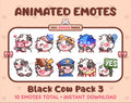 Black Cow animated Twitch emote pack featuring 10 emotes including hug, scared, bonk, and popcorn.
