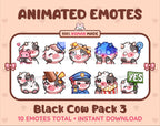 Black Cow animated Twitch emote pack featuring 10 emotes including hug, scared, bonk, and popcorn.