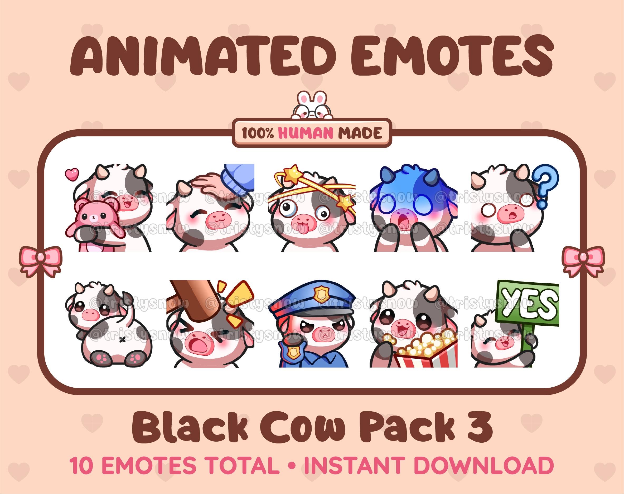 Black Cow animated Twitch emote pack featuring 10 emotes including hug, scared, bonk, and popcorn.
