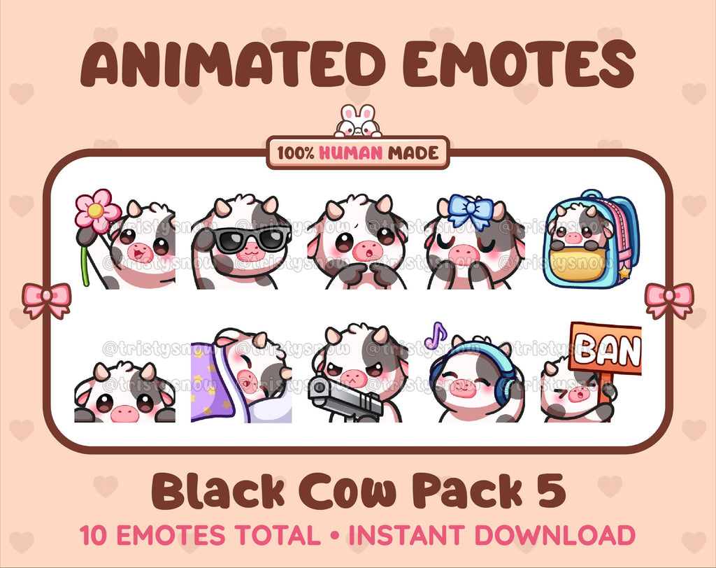 Black Cow animated Twitch emote pack featuring 10 emotes including flower, cool, plead, and lurk.
