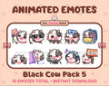 Black Cow animated Twitch emote pack featuring 10 emotes including flower, cool, plead, and lurk.