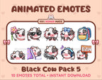 Black Cow animated Twitch emote pack featuring 10 emotes including flower, cool, plead, and lurk.