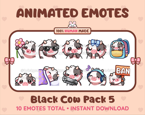 Black Cow animated Twitch emote pack featuring 10 emotes including flower, cool, plead, and lurk.