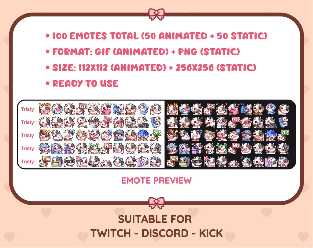 Black Cow animated Twitch emote mega pack preview displaying all 50 emotes with format and size information.