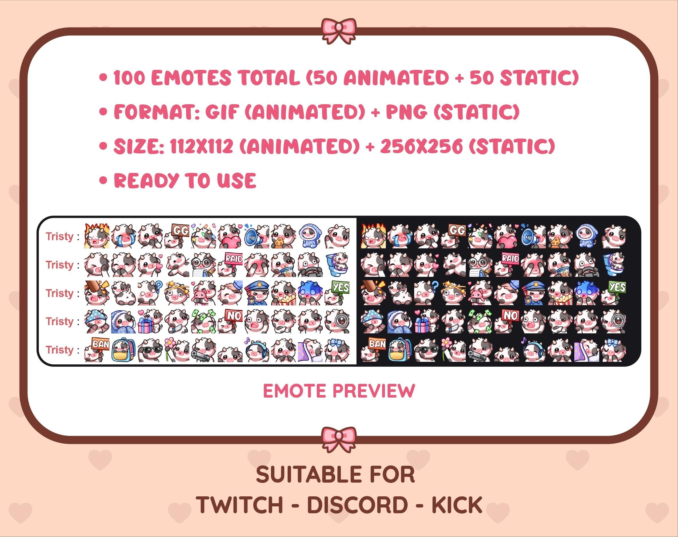 Black Cow animated Twitch emote mega pack preview displaying all 50 emotes with format and size information.