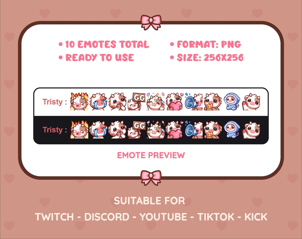 Brown Cow Twitch emote pack preview displaying all 10 emotes with format and size information.