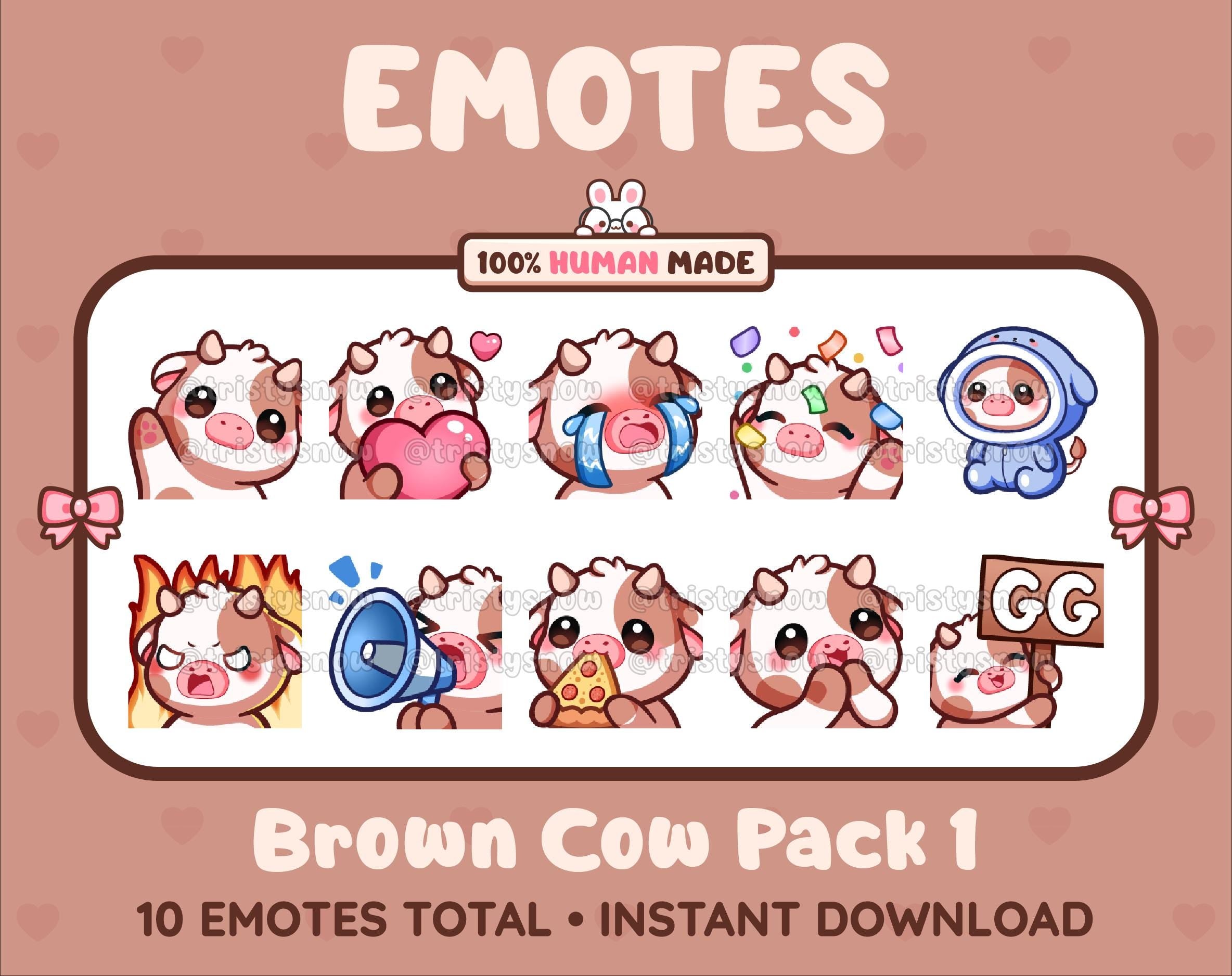 Brown Cow Twitch emote pack featuring 10 emotes including GG, angry, cry, and hype.