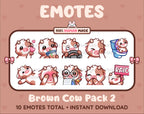 Brown Cow Twitch emote pack featuring 10 emotes including kiss, facepalm, shy, and raid.