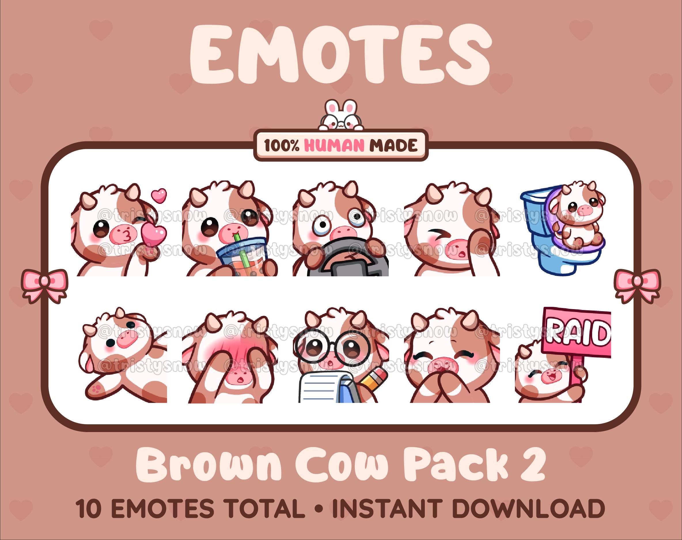 Brown Cow Twitch emote pack featuring 10 emotes including kiss, facepalm, shy, and raid.