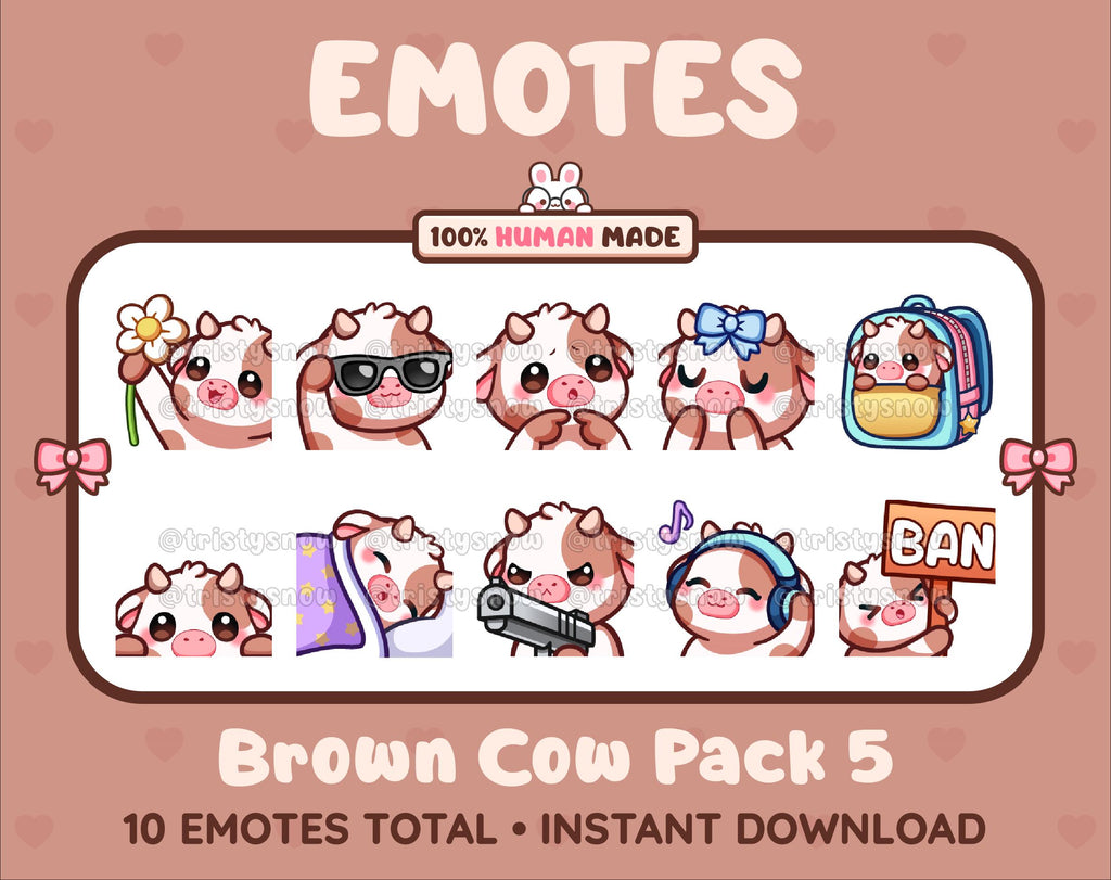 Brown Cow Twitch emote pack featuring 10 emotes including flower, cool, plead, and lurk.