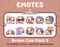 Brown Cow Twitch emote pack featuring 10 emotes including flower, cool, plead, and lurk.