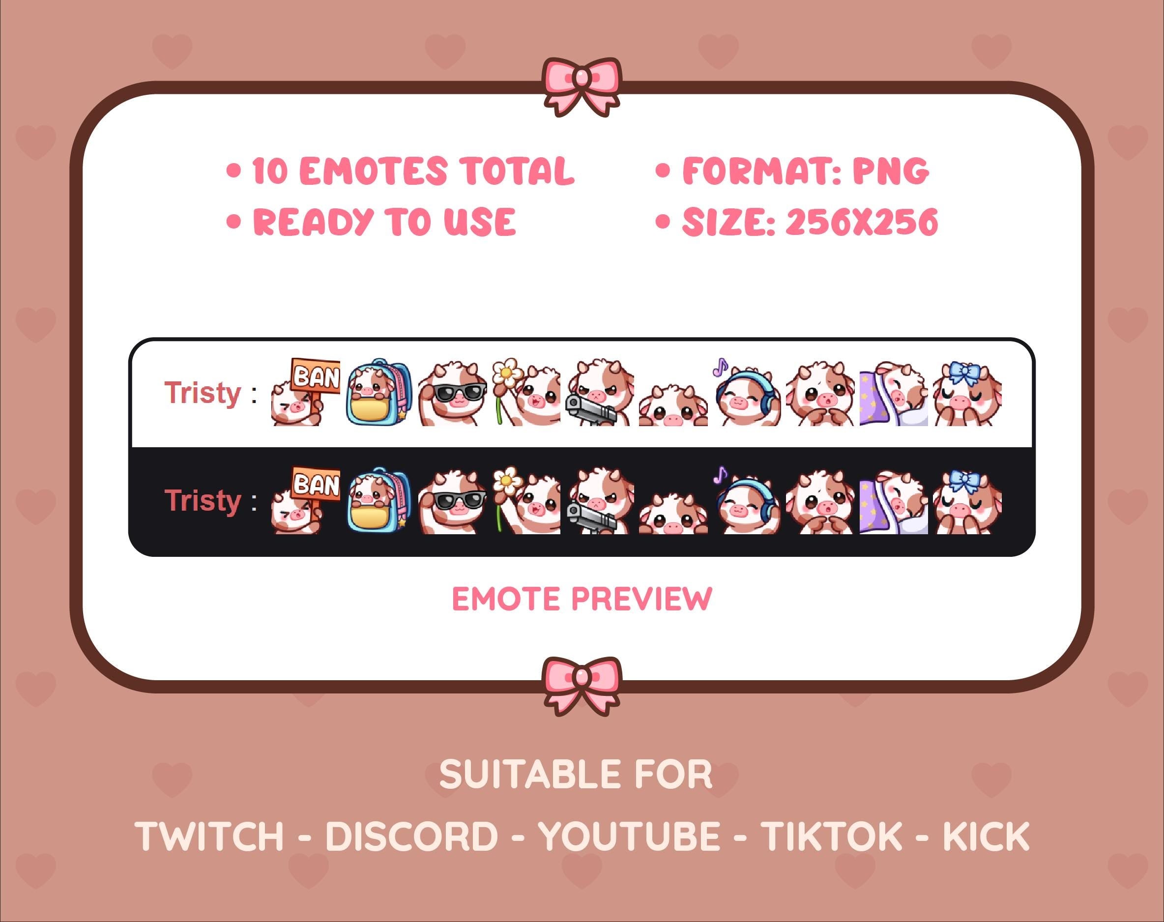 Brown Cow Twitch emote pack preview displaying all 10 emotes with format and size information.