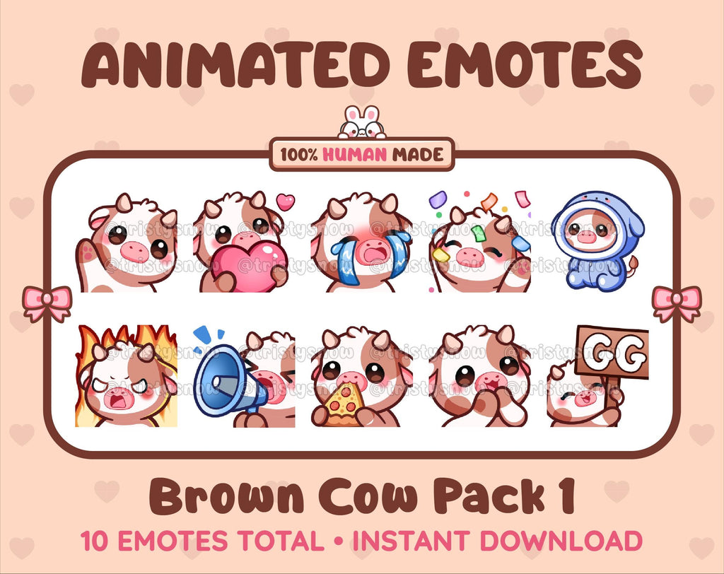 Brown Cow animated Twitch emote pack featuring 10 emotes including GG, angry, cry, and hype.