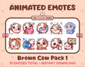 Brown Cow animated Twitch emote pack featuring 10 emotes including GG, angry, cry, and hype.