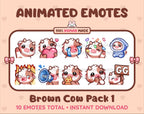 Brown Cow animated Twitch emote pack featuring 10 emotes including GG, angry, cry, and hype.