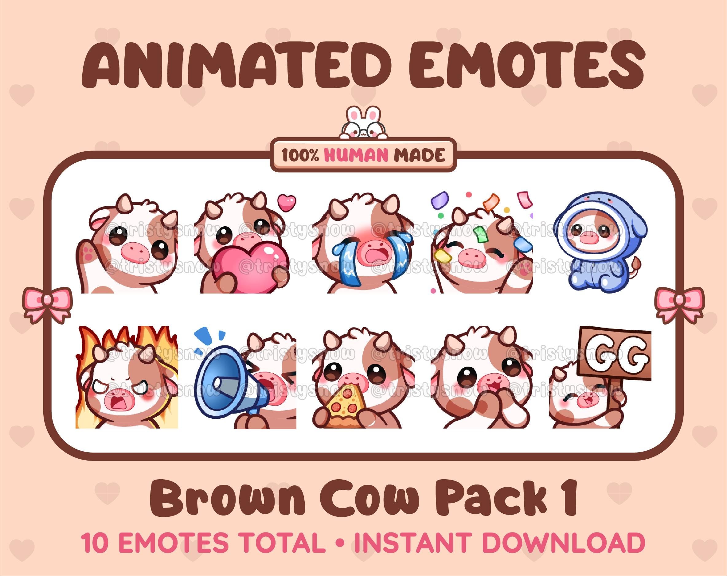 Brown Cow animated Twitch emote pack featuring 10 emotes including GG, angry, cry, and hype.