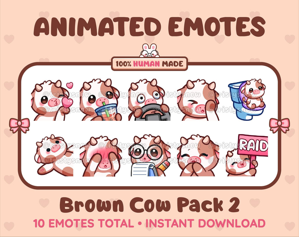 Brown Cow animated Twitch emote pack featuring 10 emotes including kiss, facepalm, shy, and raid.