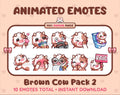 Brown Cow animated Twitch emote pack featuring 10 emotes including kiss, facepalm, shy, and raid.