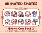 Brown Cow animated Twitch emote pack featuring 10 emotes including kiss, facepalm, shy, and raid.