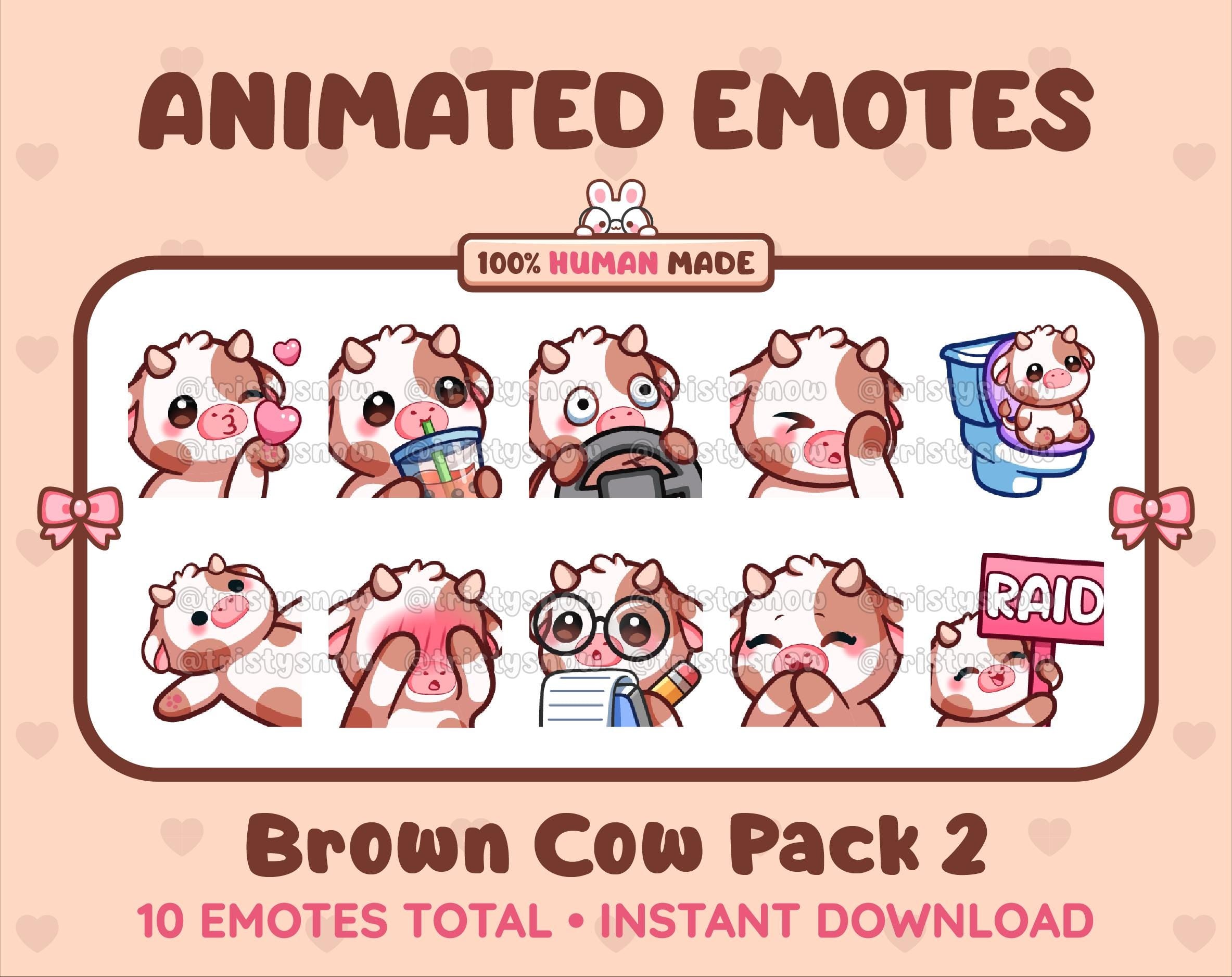 Brown Cow animated Twitch emote pack featuring 10 emotes including kiss, facepalm, shy, and raid.