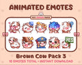 Brown Cow animated Twitch emote pack featuring 10 emotes including hug, scared, bonk, and popcorn.