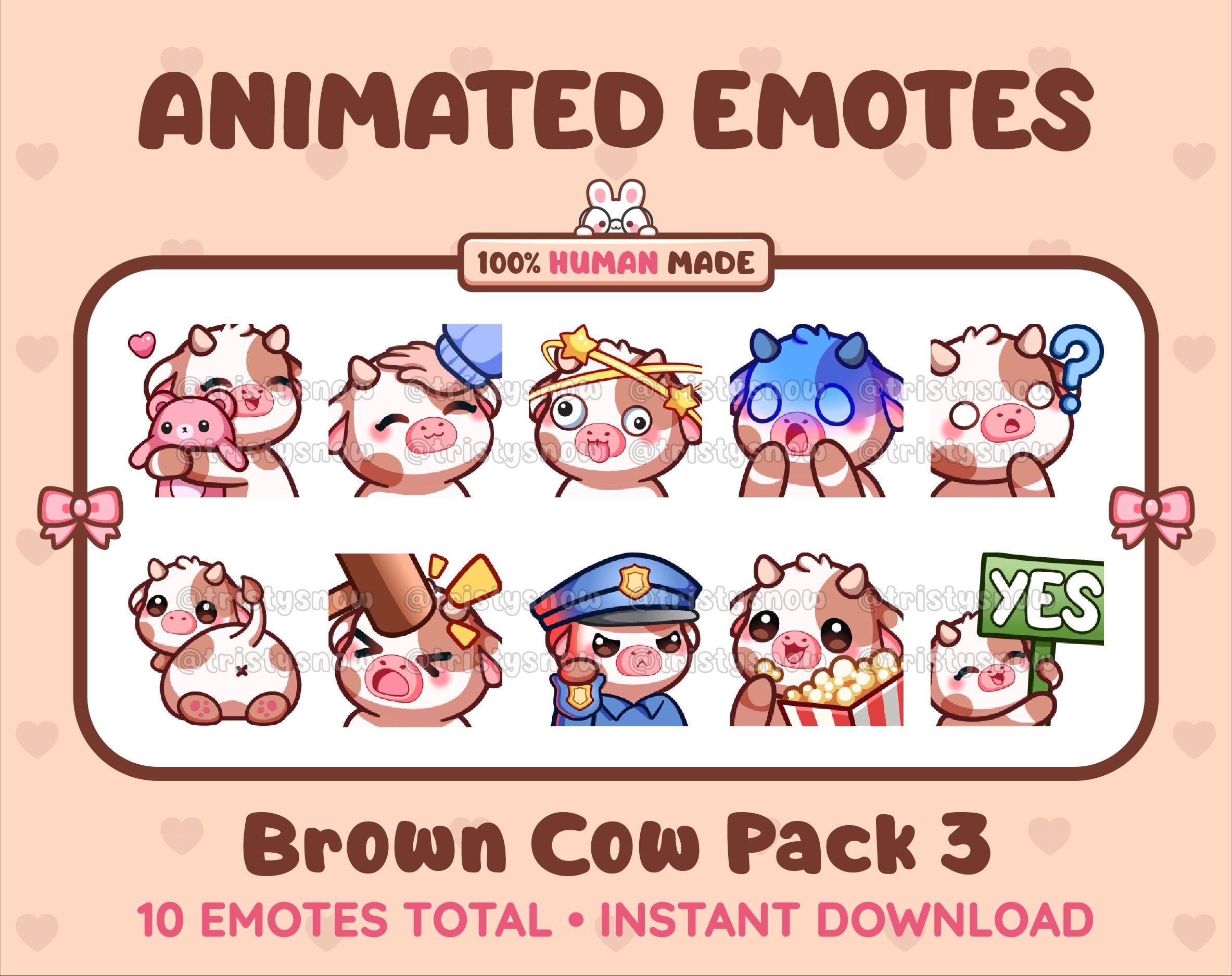 Brown Cow animated Twitch emote pack featuring 10 emotes including hug, scared, bonk, and popcorn.
