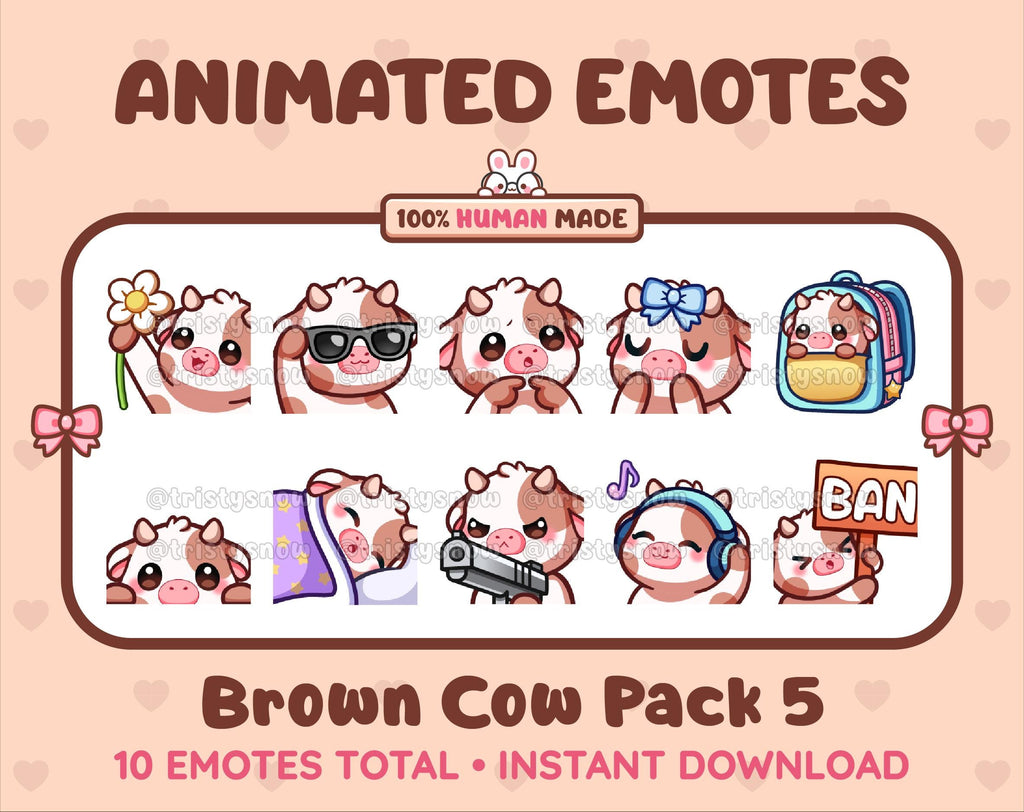 Brown Cow animated Twitch emote pack featuring 10 emotes including flower, cool, plead, and lurk.