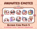 Brown Cow animated Twitch emote pack featuring 10 emotes including flower, cool, plead, and lurk.