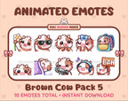 Brown Cow animated Twitch emote pack featuring 10 emotes including flower, cool, plead, and lurk.