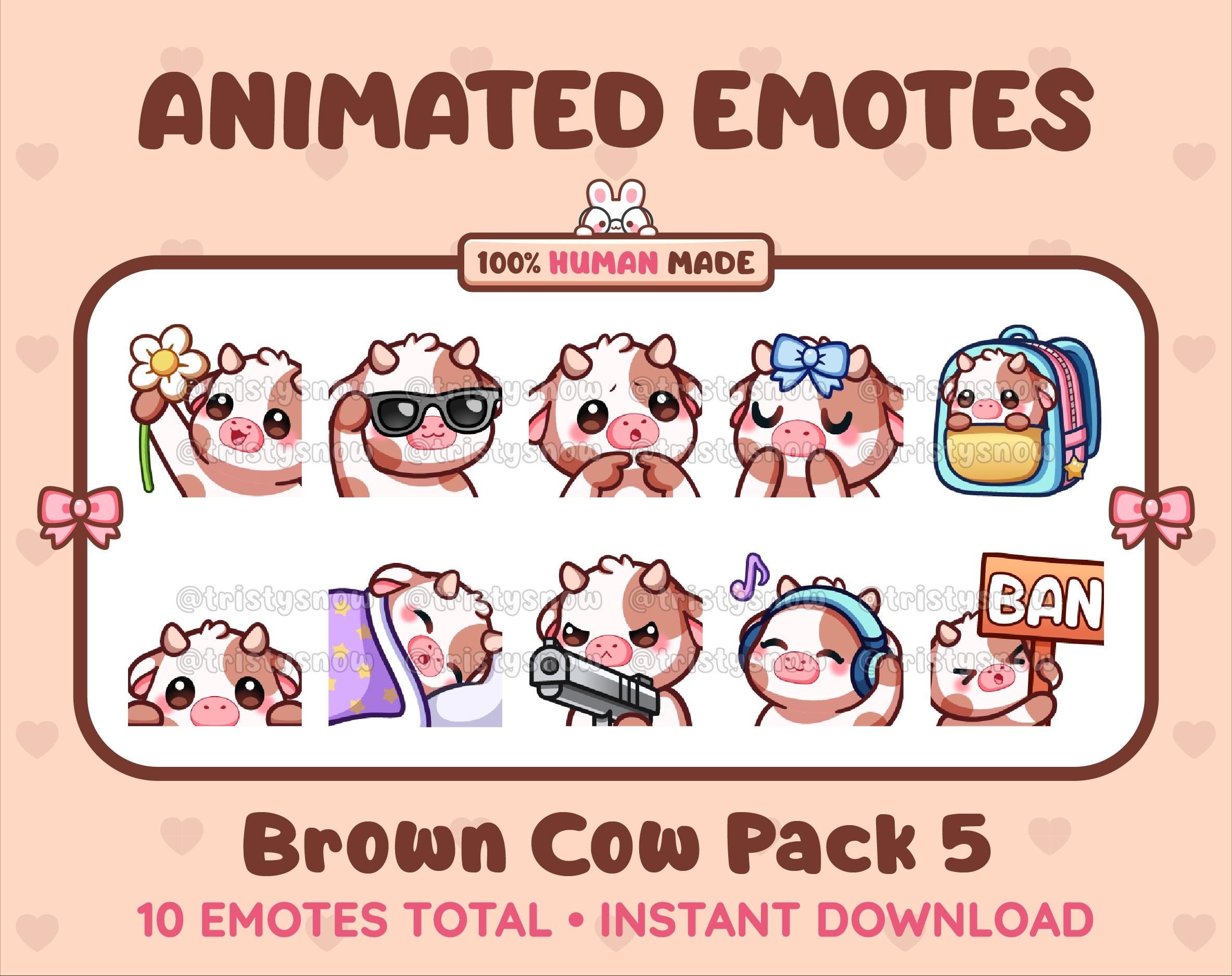 Brown Cow animated Twitch emote pack featuring 10 emotes including flower, cool, plead, and lurk.